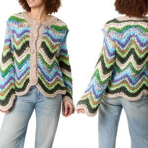 Chunky Knit Zig Zag‎ Cardigan Womens Medium (Measured) Acrylic Wool Handknit NEW